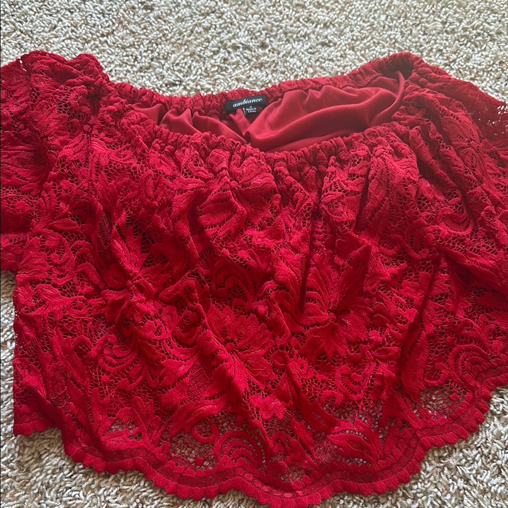 Red Lace Off-Shoulder Crop Top